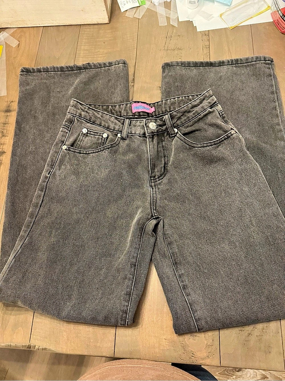 Edikted Size XS Low Rise Baggy Wide Leg Jeans 100% Cotton Dark Gray Black
